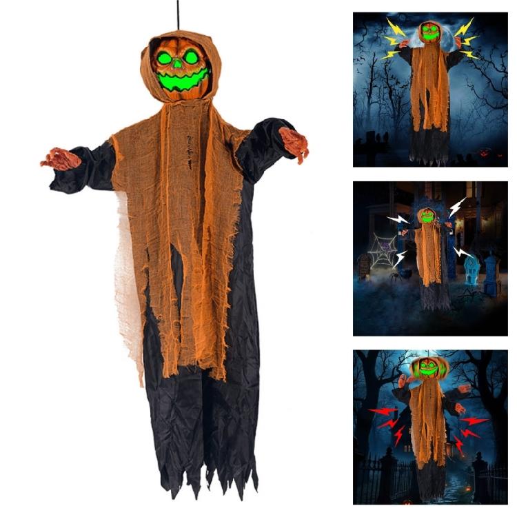 Scary Pumpkin Skeleton with Sound Effect Light up LED Eye Voice Activated Skeleton Hanging Decoration For Inside Outdoor