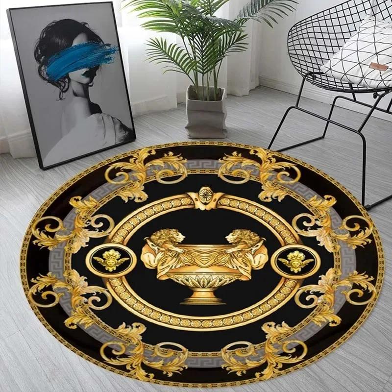 Nordic Retro Gold Printed Round Sponge Carpet Living Room Bedroom Mat Home Bathroom Non-slip Floor Mats Decoration