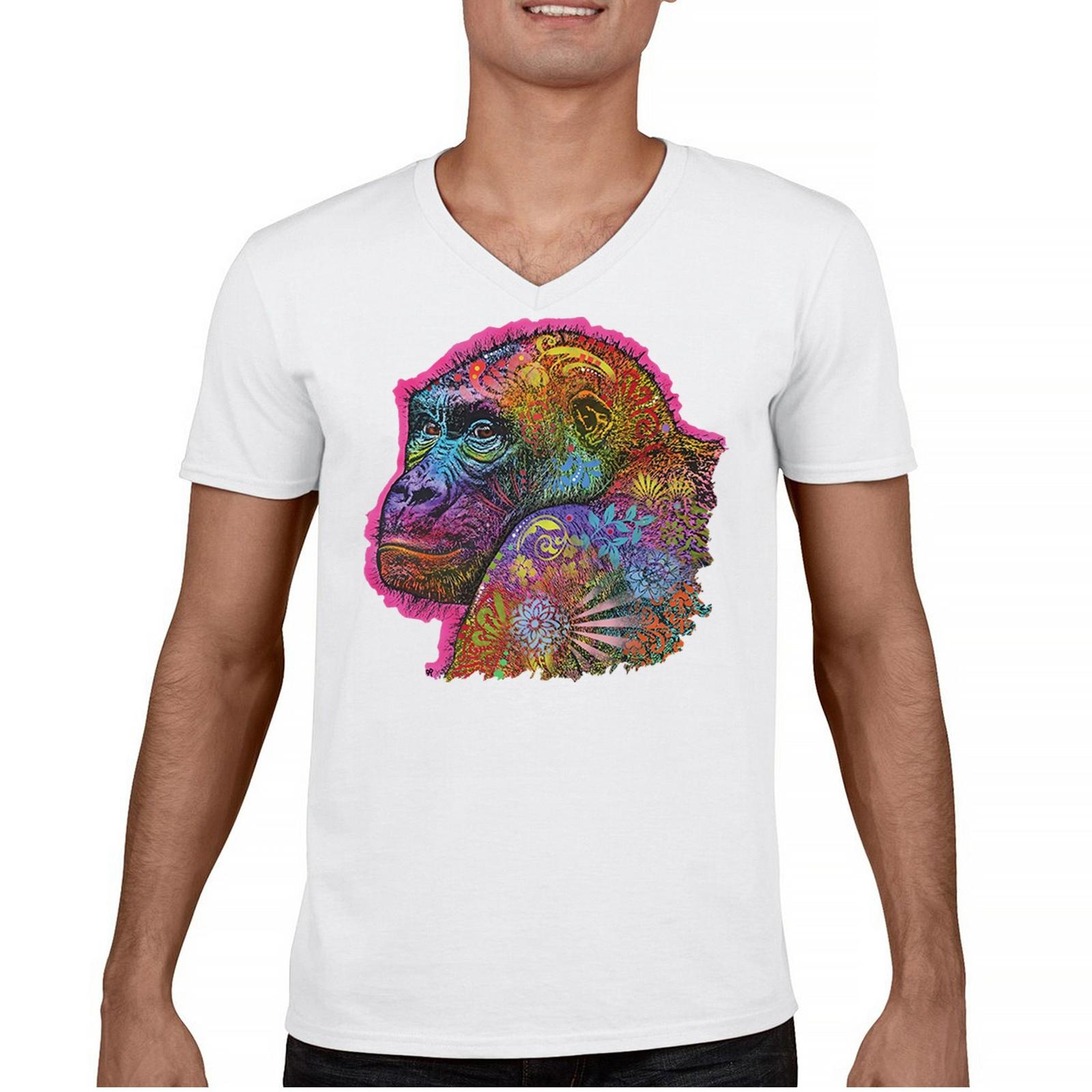 Dean Russo Cute Gorilla V-Neck T-shirt Colorful Neon Silverback Ape Art Tee S