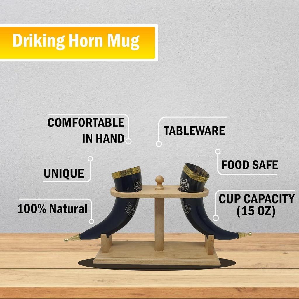 Wikinger Trinkbecher Handgefertigt Natur Ochsenhorn Becher für Ale, Bier, Met, Wein | 12 Zoll | 100% Auslaufsicher | mit Schönem Holzständer (2er Set)