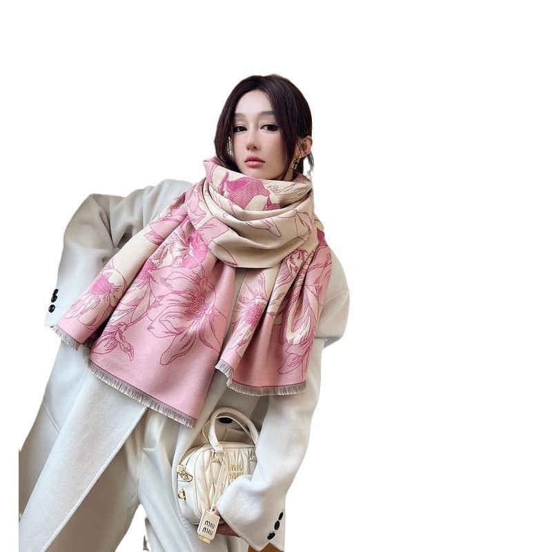 Autumn and winter scarf women's magnolia floral imitation cashmere jacquard shawl high-end scarf thickened warm scarf
