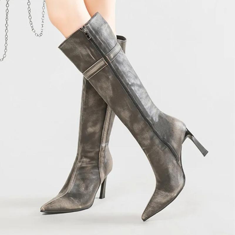 Eleganckie Szpiczaste Buty do Kolan z Bocznym Zamkiem Damskie Jesień Zima Retro Buty Rycerskie Wygodne Wodoodporne Botas Largas Mujer