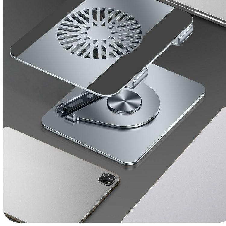 Adjustable Carbon Steel Laptop & Tablet Stand with 360° Rotation and Cooling Fan