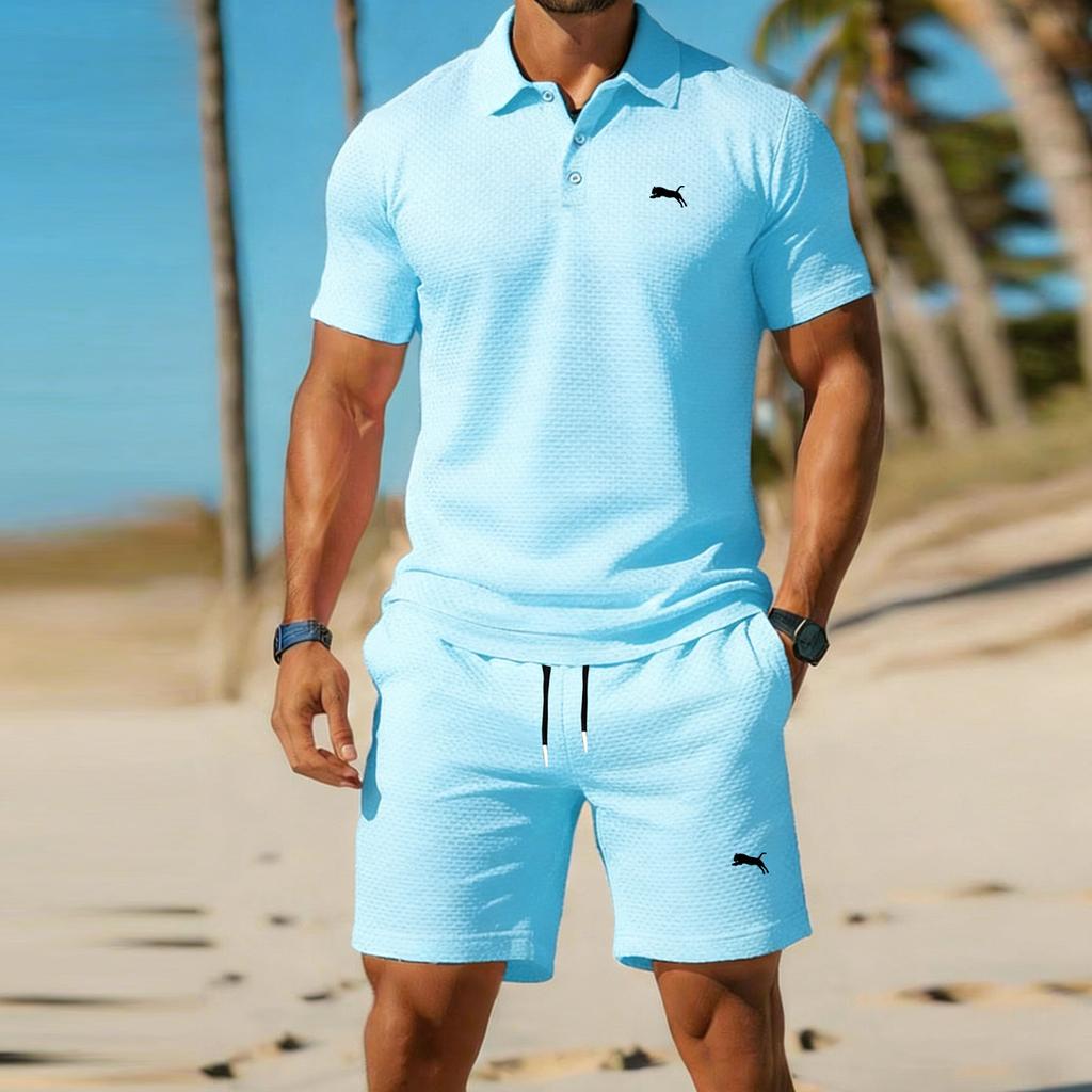 Completo estivo da uomo a maniche corte con pantaloncini - Abbigliamento sportivo alla moda e outfit casual — Tute sportive da uomo set da 2 pezzi, Outfit da uomo per il lavoro