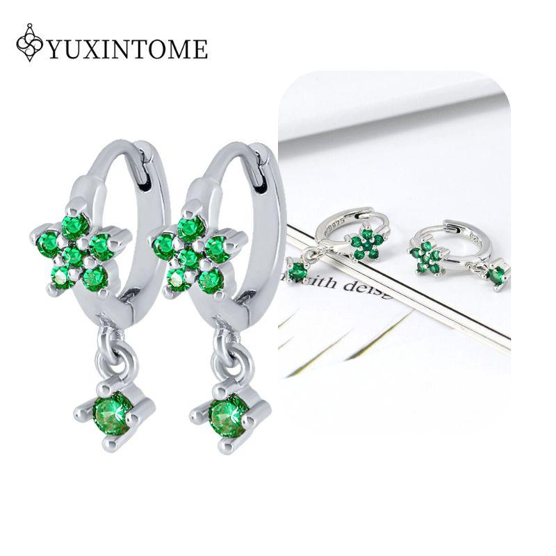 Turquoise 925 Silver Ear Needle Green Zircon vintage emerald Heart/Flower Pendant Hoop Earrings Fashion party Jewelry