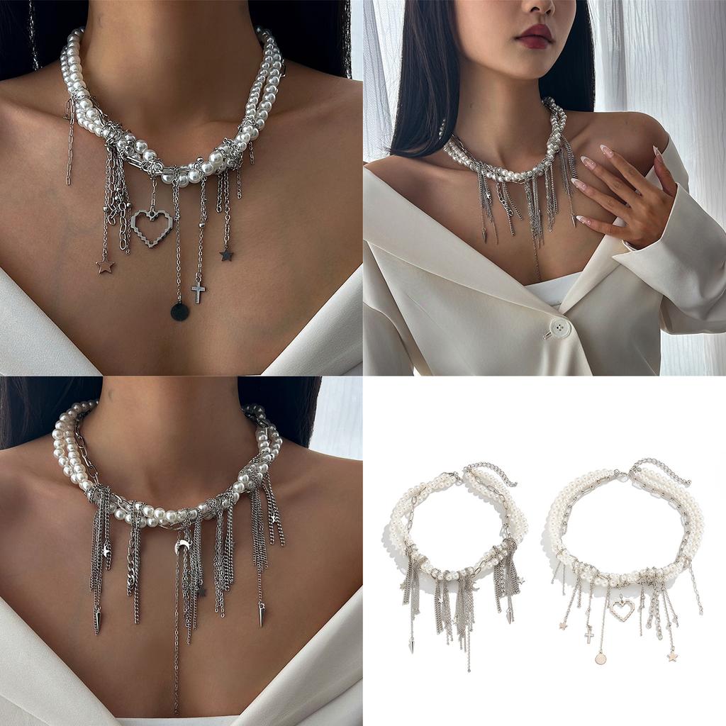 Handgefertigte Mond- und Stern-Quasten-Halskette für Damen, mehrlagige Imitationsperlen-Halskette, stilvolles Damen-Halsaccessoire