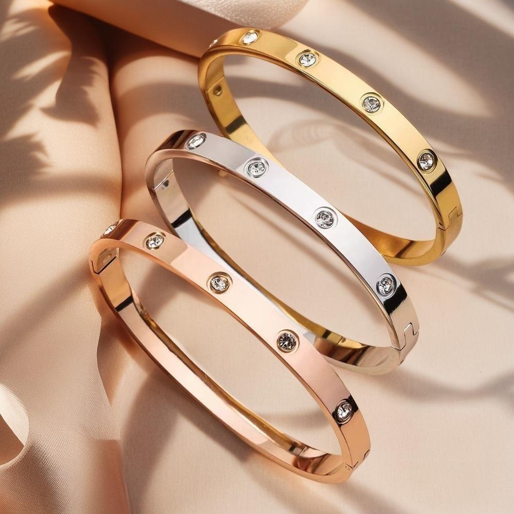 Htpwe Stainless Steel Diamond Ring Stacking Bracelet Women 18k Gold Plated Couple Holiday Gift Fashion Bracelet Party Zircon