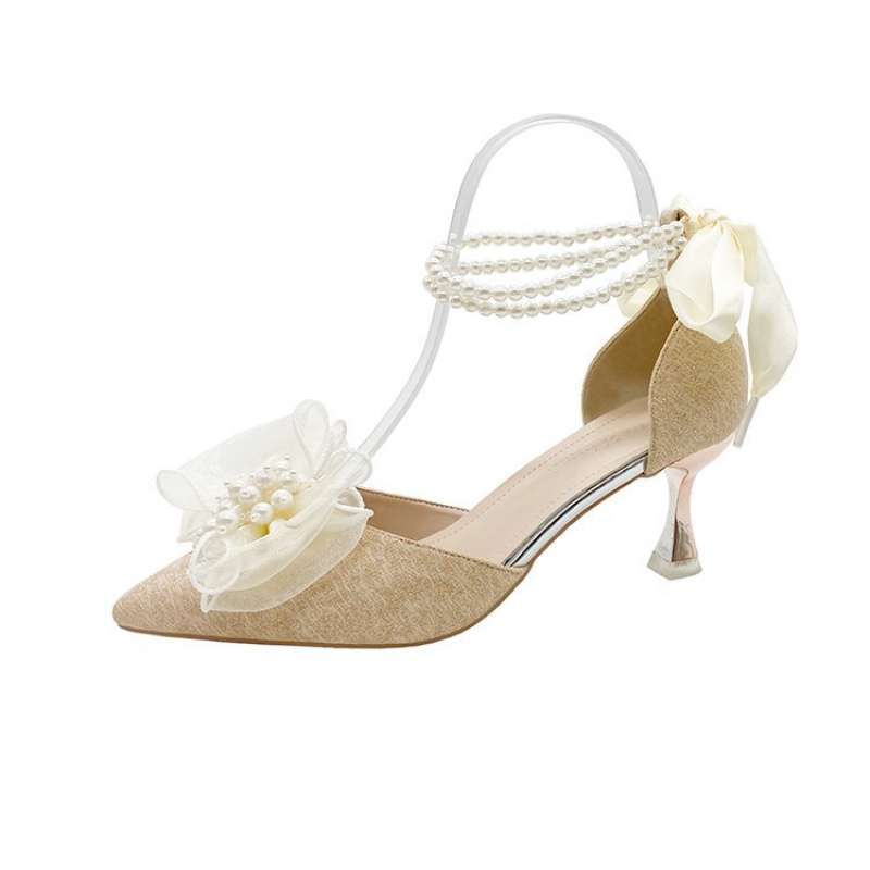 Medium heel stiletto high heels women's sandals 2025 summer new one-word buckle bow single shoes fairy style work shoes