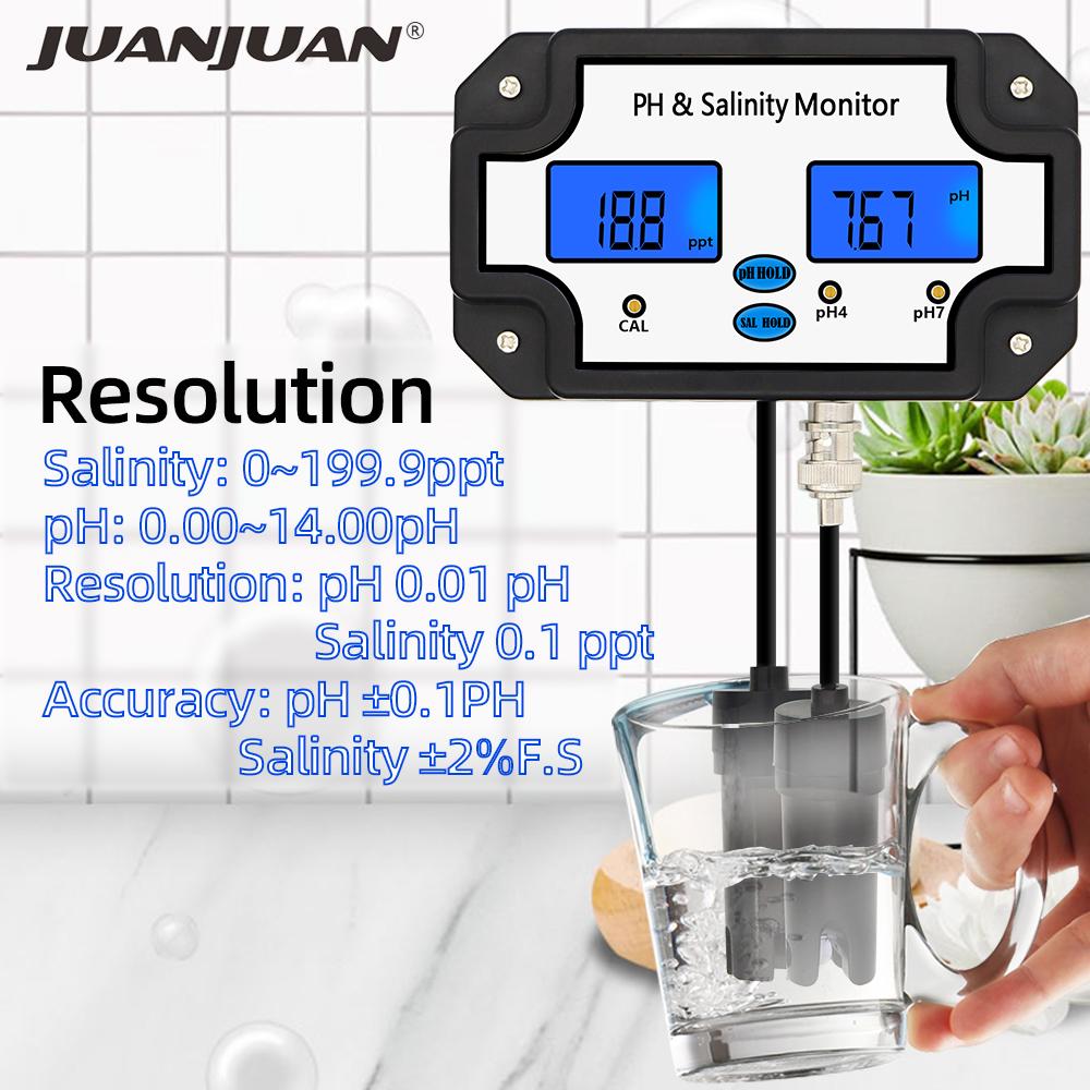 PH-Salzgehaltsmessgerät 2 in 1 PH-Salzgehaltsmonitor für Aquarium Pool Spa Meerwasser Gartenbau Wasserqualitätsprüfer
