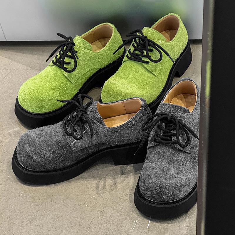 Design sense niche British style casual leather shoes 92332 long hair apple green, lemon yellow, yellow, gray -J