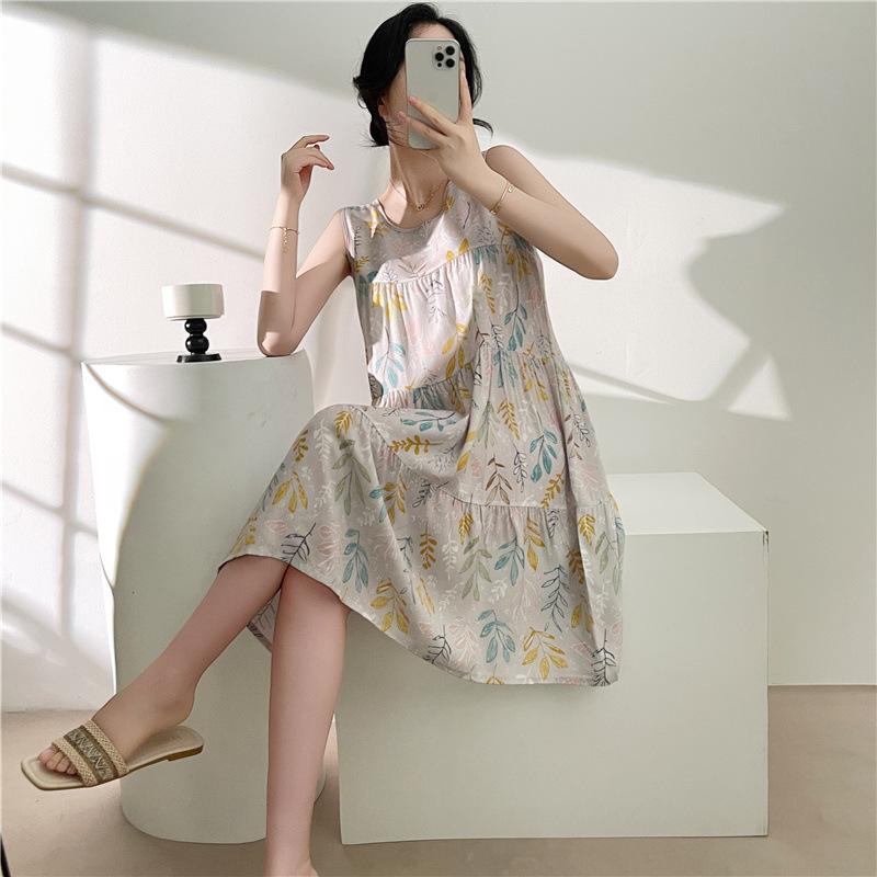 Women's Cotton and Silk Nightgown Summer Thin Internet Celebrity Large Size Printed Pajamas New Sleeveless Loungewear