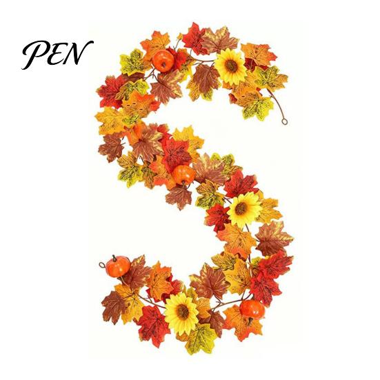 Realistic Orange Red Maple Leaves Artificial Fall Leaf Wreath, Autumn Vine with Pine Cones Pumpkins, Reusable Holiday Gifts for Family Hanging