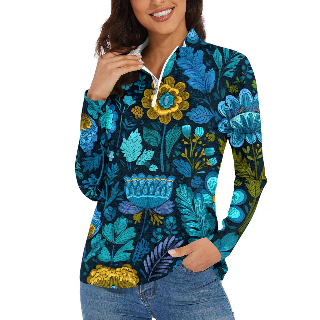 Women's Casual Fashion Retro Floral Print Long Sleeve Zipper Neck Top T-shirt