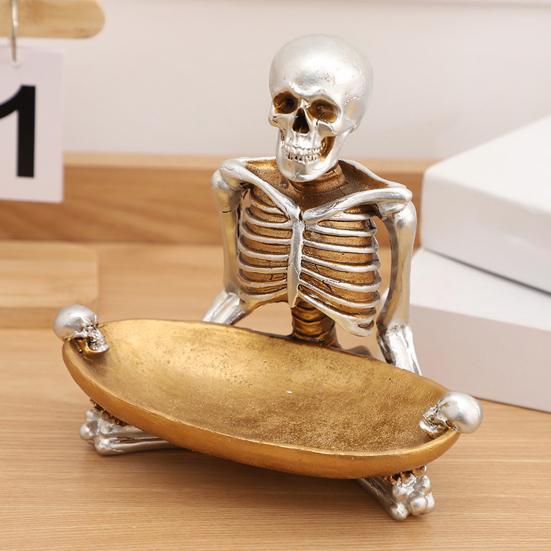 Skull Storage Tray Halloween Scary Skeleton Candy Bowl Resin Skull Fruit Snack Serving Tray Vintage Jewelry Dish for Home Tabletop Party Bar Decor