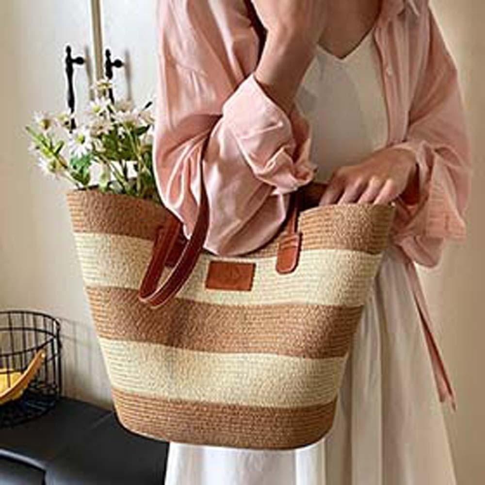 Polyester Stripe Woven Tote Bag Large Capacity Summer Beach Handbag Shopping Straw Bag  Daily