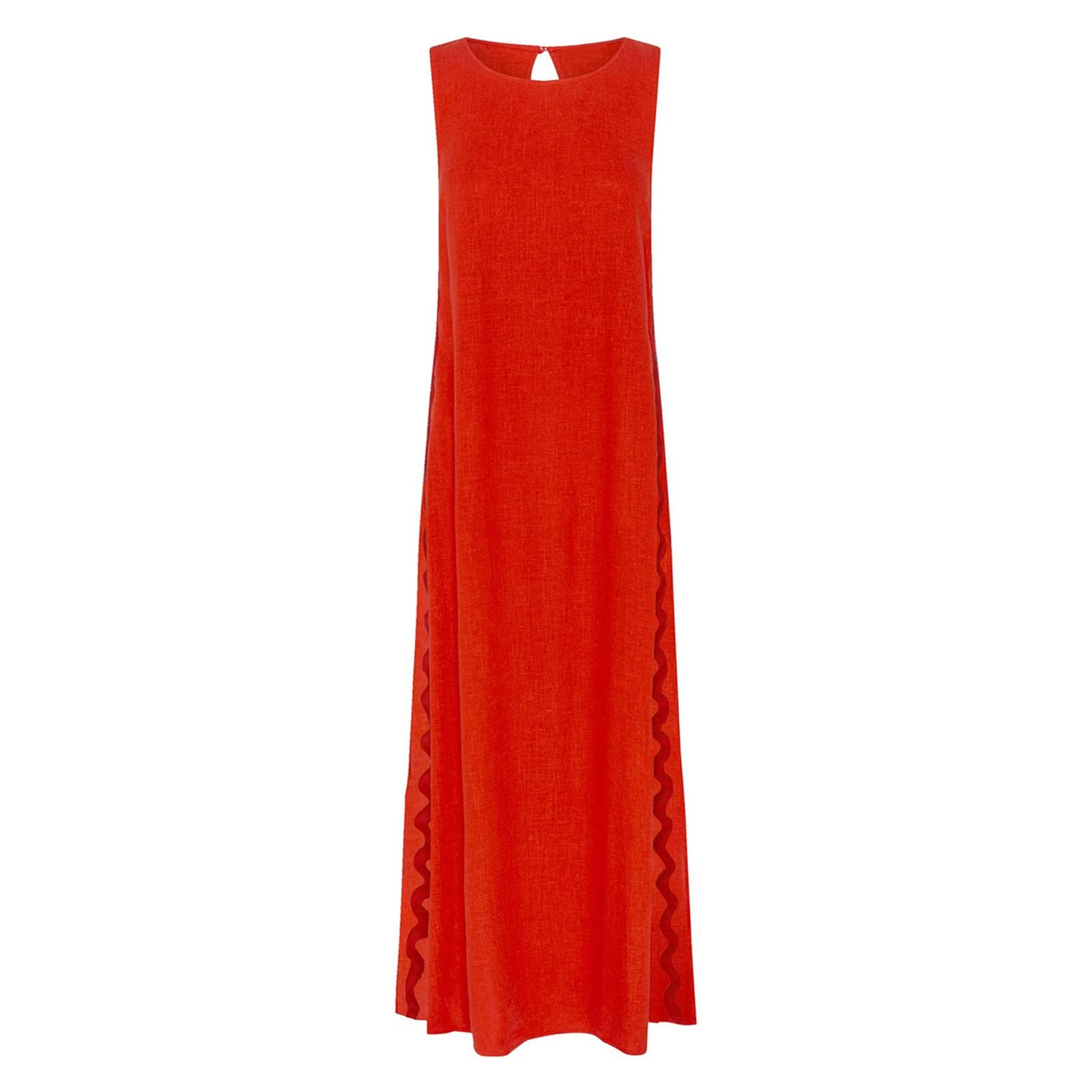 

Платье без рукавов с круглым вырезом, однотонной отделкой, кружевом и разрезом, средней длины для женщин XL красный