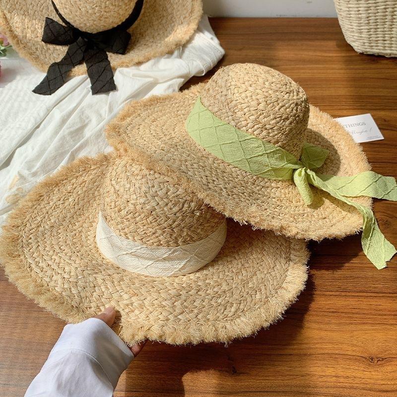 Big brim French bow raffia hat women's sunshade sunscreen hat seaside scenic beach vacation woven hat