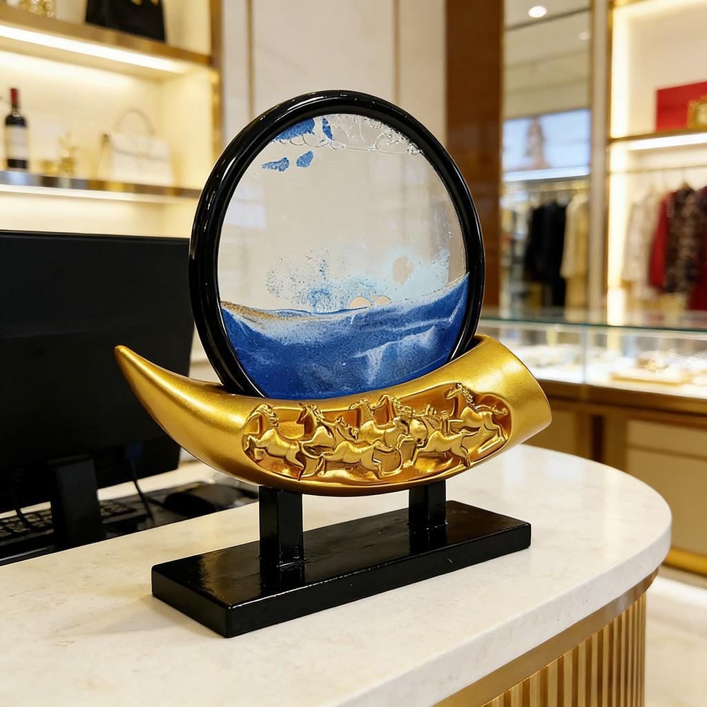 

Chinese Style 3D Moving Sand Art Sandscape Dynamic Quicksand Painting Golden Boat Base Relaxing Desk Decor Home Office Ornament