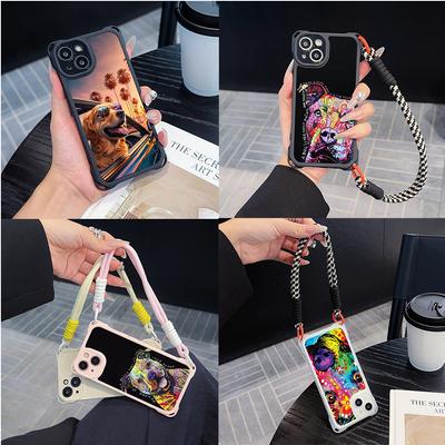 Ae76 Dog Color Doodle Design Art Soft Phone Cases for iPhone 16 15 14 13 12 11 Pro Max 8 Plus XR with Wrist Strap Lanyard Corner Protection Back Cover