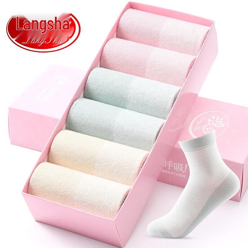 Langsha Women s Summer Breathable Cotton Mesh Mid-Calf Socks (6 Pairs) One Size розовый