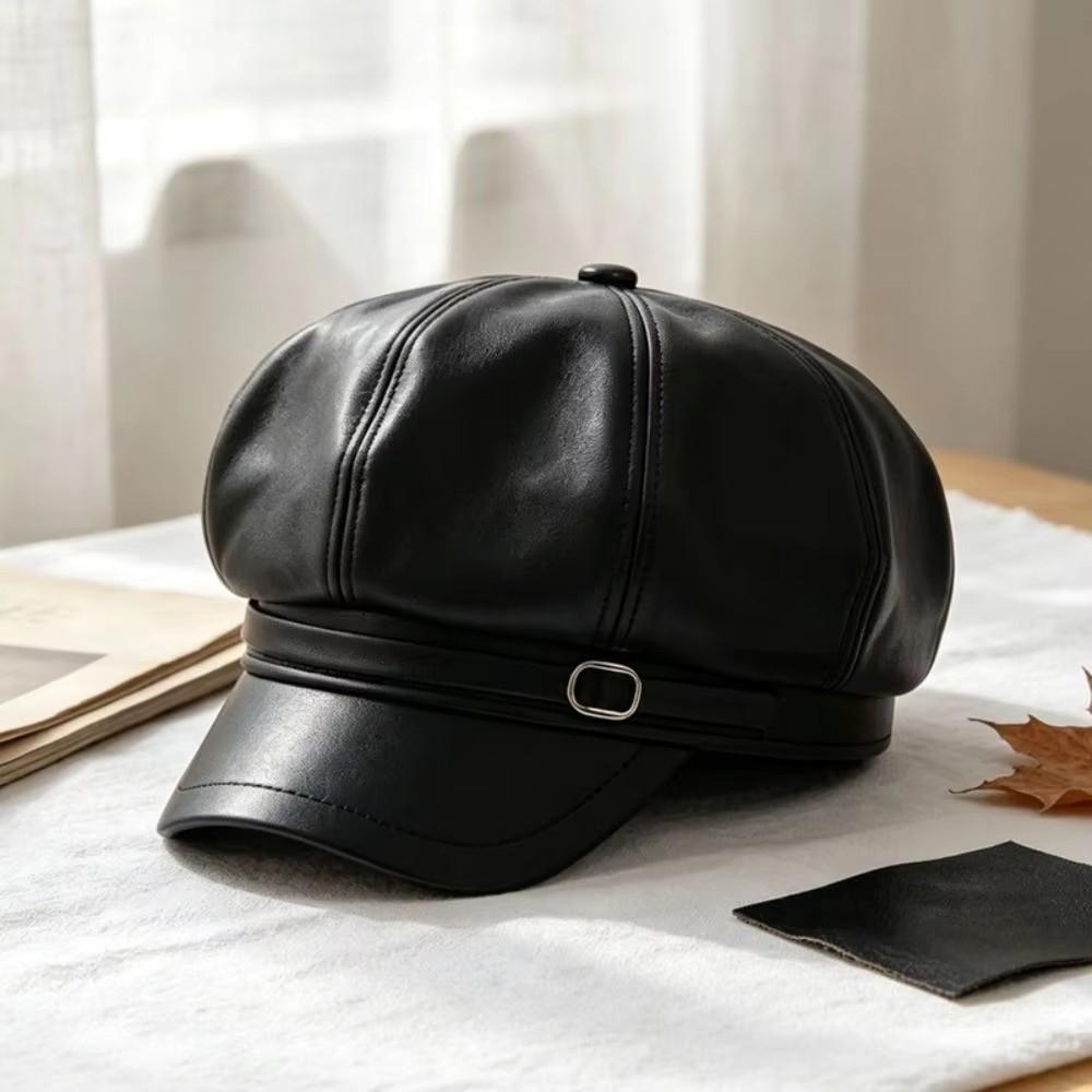 Versatile Leather Painter Hat Keep Warm Octagonal Hat Fashion PU Beret Cap  Daily