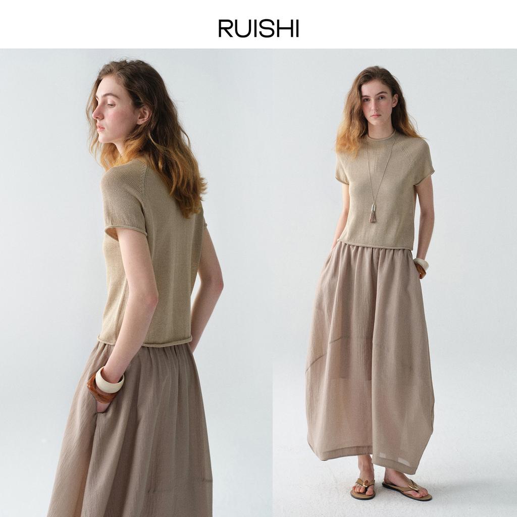 'Quiet Afternoon Tea 'Washi Yarn Crew Neck Lightweight Versatile Short Sleeve Knitted Sweater T-Shirt Top Women's Summer