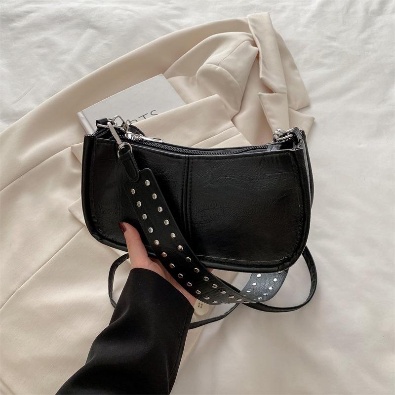 Premium Women's Bag, Simple Rivet Shoulder Bag, Fashionable Wide Shoulder Strap Bag, Versatile Texture, Trendy Messenger Handbag.