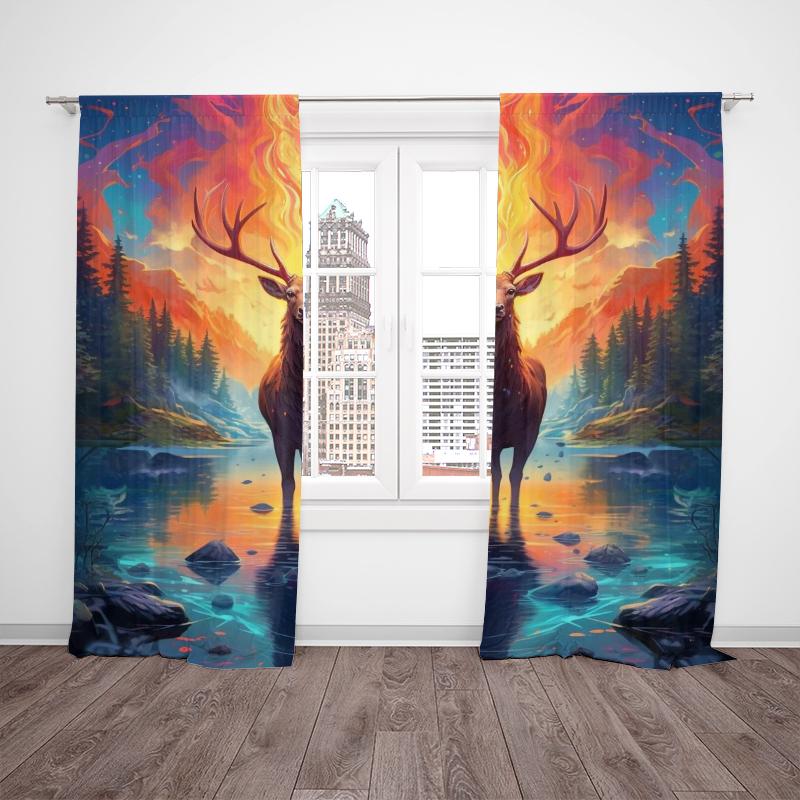 Elk At Sunset -2 Pieces - Printed Curtain, 100% Polyester, Suitable for Home Decor (rod Not Included)