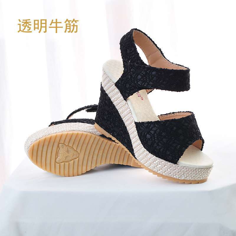 High-heeled wedge heel mesh yarn fish mouth women's sandals 2025 summer and Korean version outer wear versatile muffin thick-soled waterproof table op