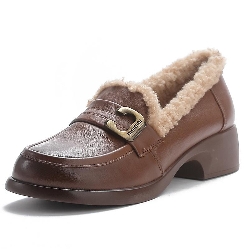

Soft leather winter fluffy shoes medium heel loafer shoes fleece leather shoes soft leather thick heel single shoes women s high heel thick sole 40