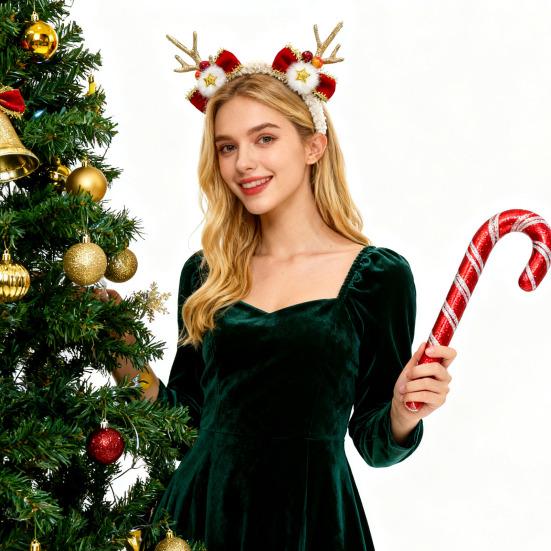 Christmas Headband for Women Fleece Reindeer Antlers Headband with Bow Pompoms for Xmas Party Supplies Halloween Cosplay Accessory