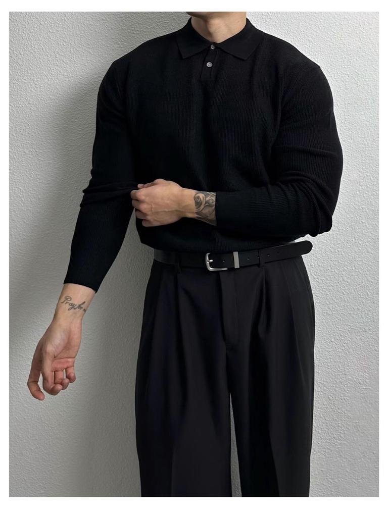 Polo en maille tendance décontracté haut de gamme pour homme à manches longues - Style coréen Printemps/Automne, Pull ample légèrement mature et polyvalent