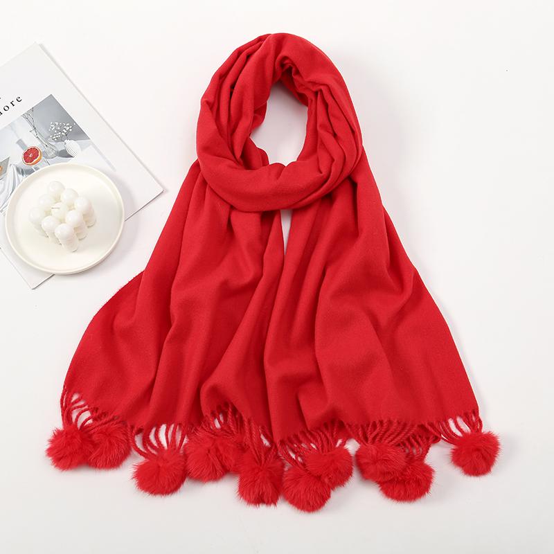 Women Warm Scarf With Rabbit Fur Ball Pashmina Thick Scarves Shawls Winter Cashmere Pompom Scarf Ladies Oversize Blanket Wrap