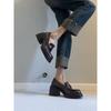 Cowhide version~ High-heeled loafers retro camellia round head thick sole one-pedal small leather shoes commuting thick heels single shoes