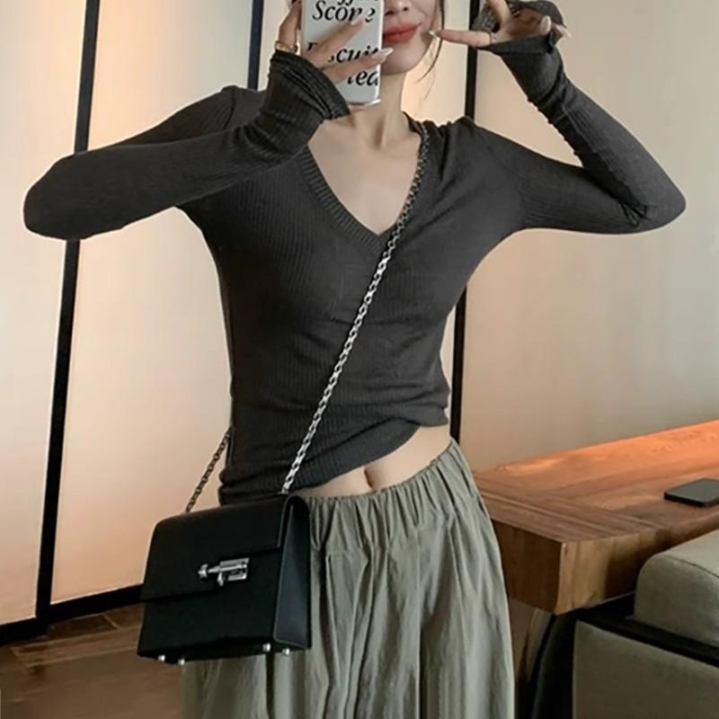 Mesh Long Sleeve Women Black T-shirts Vintage Streetwear Casual Slim Up Solid Tops Bottoming Shirt