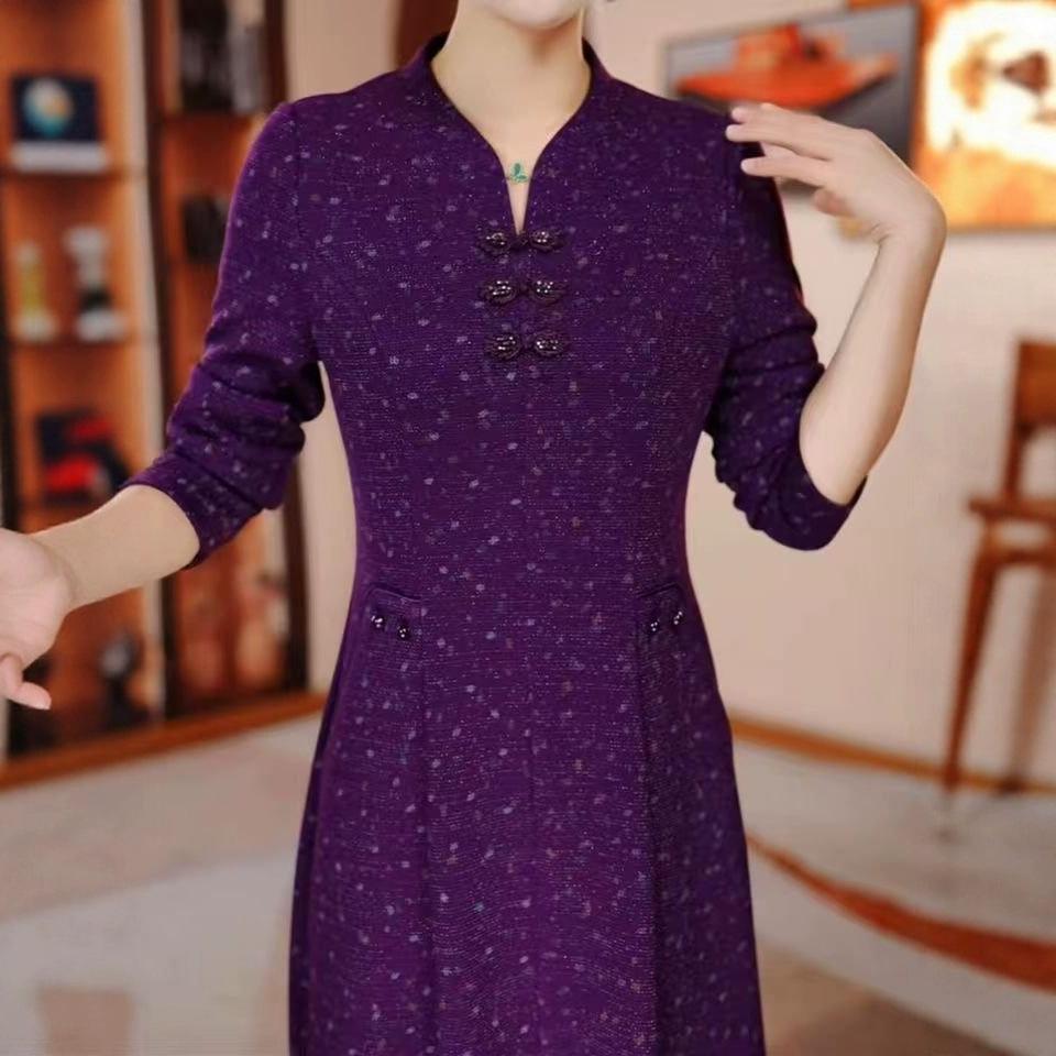 2025 Spring/Autumn Elegant Waist-Slimming Midi Dress for Middle-Aged & Elderly Women