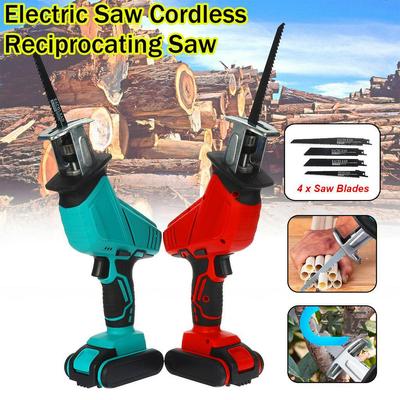 AC 110-240V Cordless Reciprocating Saw + 4 Saw Blades Adjustable Speed Chainsaw Wood Metal PVC Pipe Cutting with 1/2 Lithium Battery