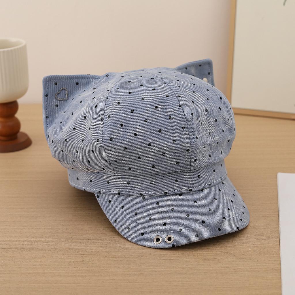 Polka dot cat ear octagonal hat women's fashion versatile square face show face small newsboy hat beret painter hat