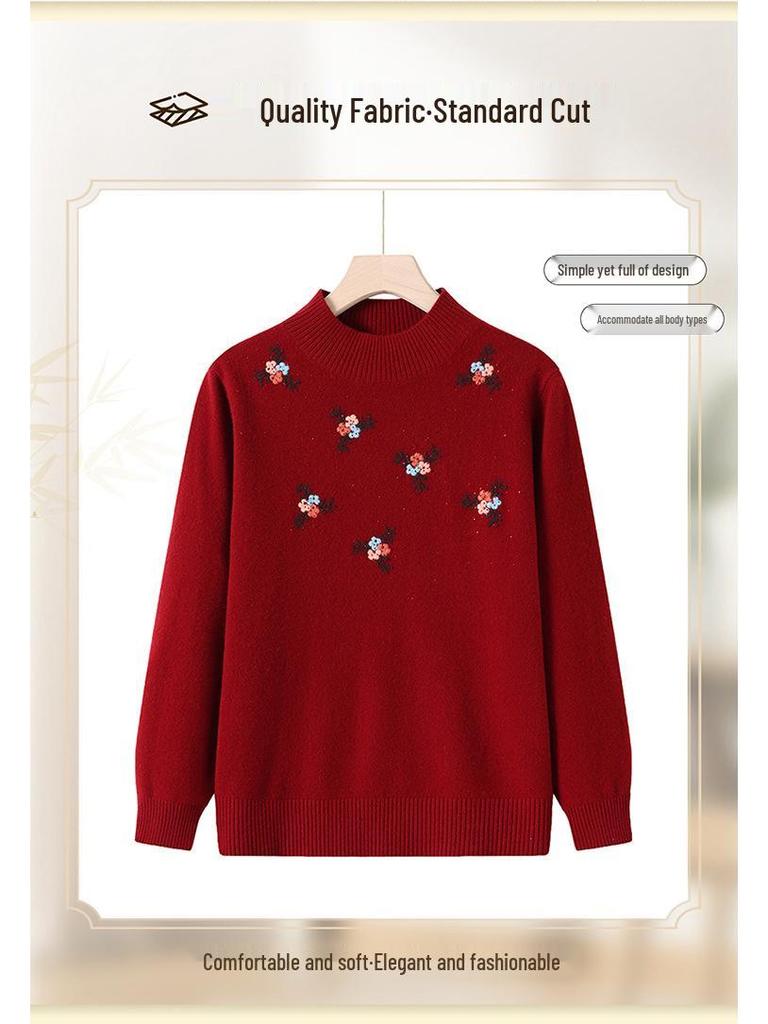 Embroidered High-Neck Pure Wool Sweater for Autumn/Winter - Elegant Base Layer for Middle-Aged & Elderly