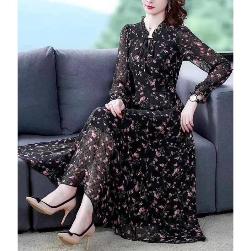 

Женское платье с длинными рукавами Платье с короткими рукавами Весеннее новое цветочное платье Женское M-4XL Стареющая нижняя длинная юбка 4XL