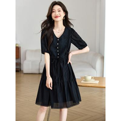 French Women's Elegant and Versatile Women's Mid Length Skirt for Commuting, High-end Exquisite Nail Bead V-neck Dress, Chiffon Skirt