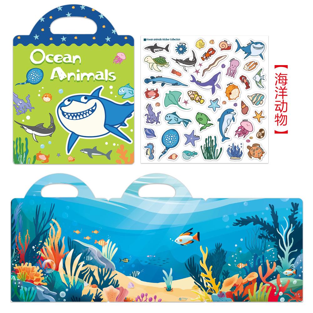 Repetitive children's toys featuring "First Book" animal, dinosaur and ocean scene jelly sticker books