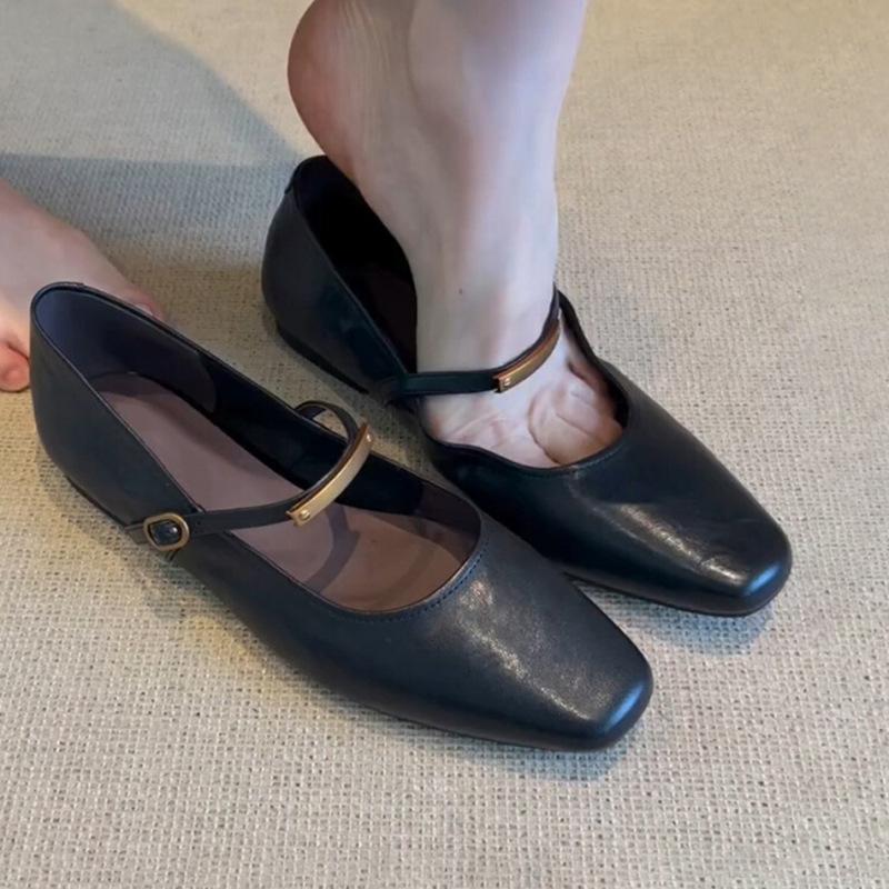 Sheepskin Version~ French Retro One-word Buckle with Mary Jane Shoes Women's New Square Head Flat Sole Shoes Low Heel Small Leather Shoes