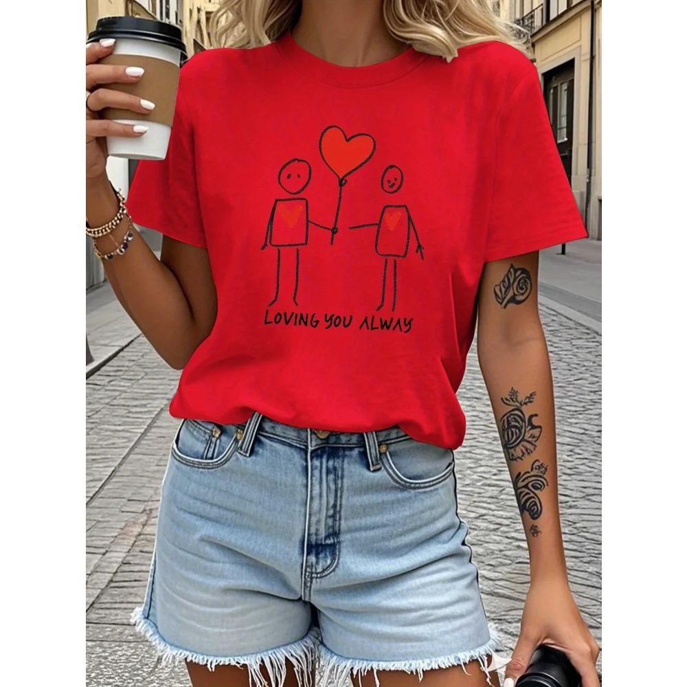 Women's Loving You Always Graphic Printed T-Shirt Fit Short Sleeve Casual Top with Heart Balloon Clothing