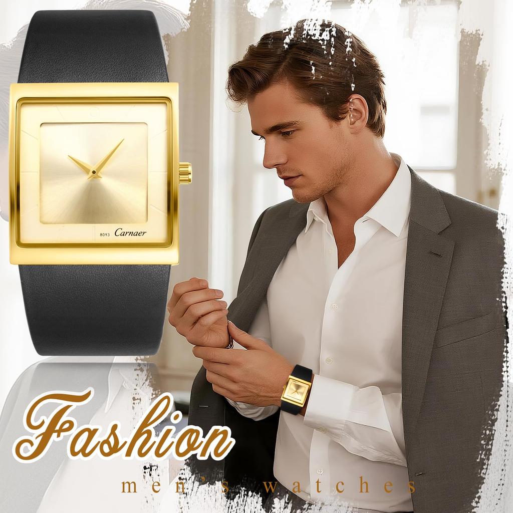 Square Watch with Genuine Leather 3ATM Water Analog Japanese Quartz Stylish Accessory Perfect for or As a Boyfriend Gift Men's Strap, Resistance