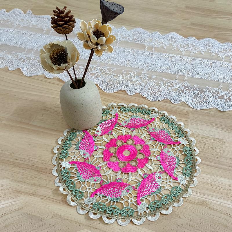 Color Hollow Embroidery Tablecloth Round Dining Plate Mat Decoration Shooting Props Lace Decorative Mat Pastoral Embroidery Coaster