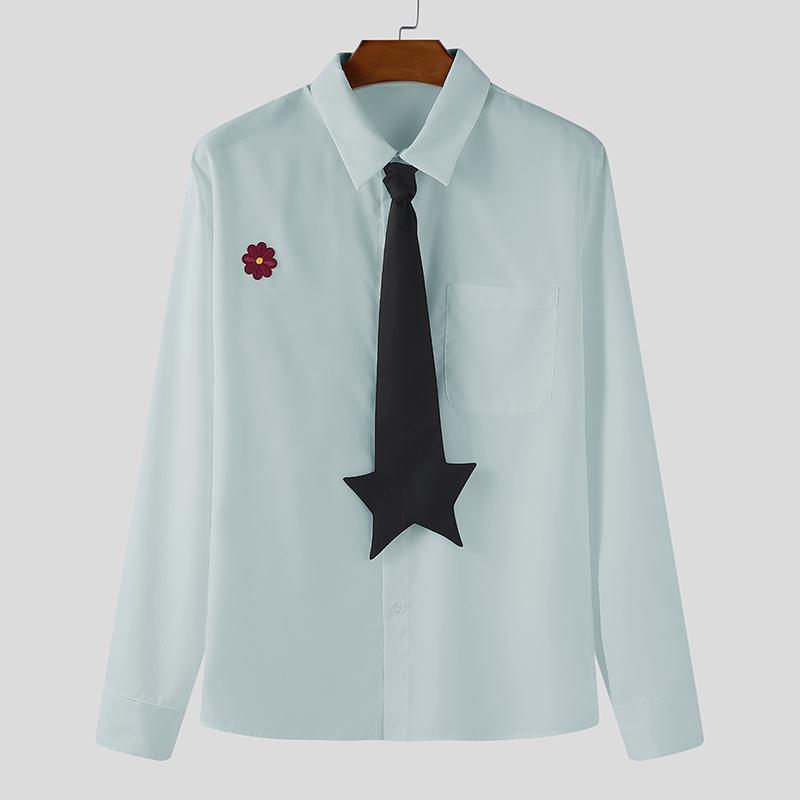 

INCERUN Oversized Men Casual Tie Up Long Sleeve Buttons Embroidery Floral Loose Shirts 5XL синий