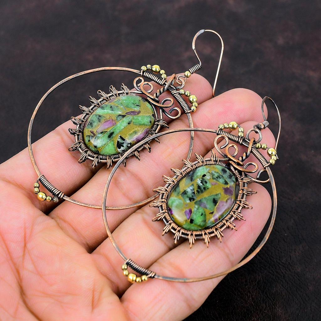 Copper Ruby Zoisite Earring Copper Wire Wrapped Earrings Genuine Gemstone Jewelry Brand New Earring Copper Jewelry For Gift Handmade Earring