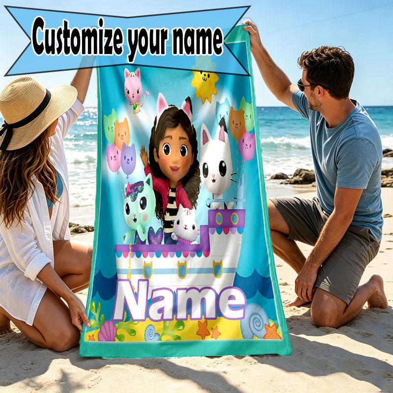 Custom Name Personalized Gabby's Dollhouse Print Beach Towel, for Trip Camping Beach Party Home Decor, Birthday Gift for Family & Friends