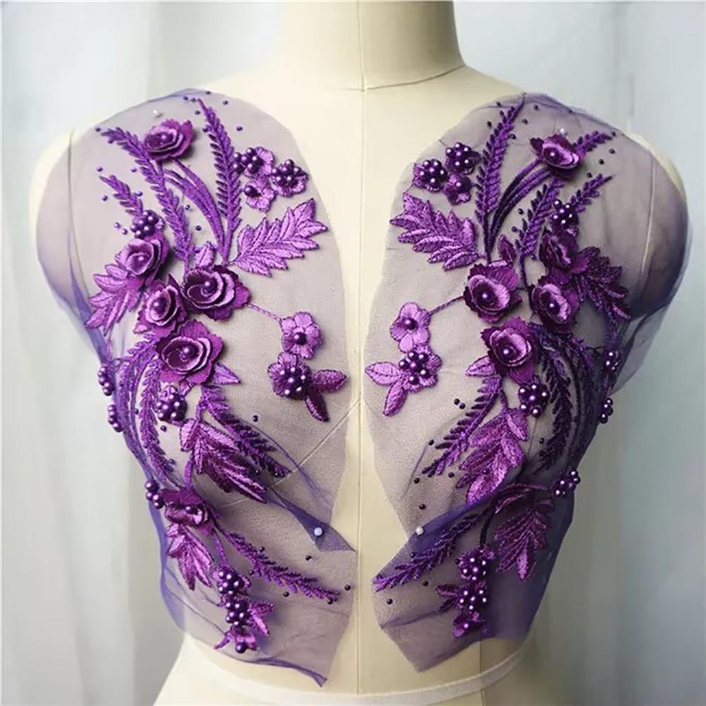 Appliques Sew White Black Wedding Gown Appliques 3D Flower Tassel Beads Lace Appliques Sew Patch
